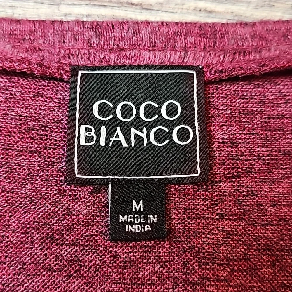 COCO BIANCO BURGUNDY MARBLED 3/4 SLEEVE ASYMMETRICAL PULLOVER V NECK SWEATER
